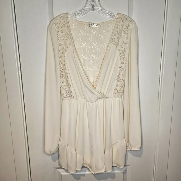 Miin Ivory Lace Long Sleeve Romper Size L Boho Bridal Chic Romantic One Piece - Picture 5 of 16